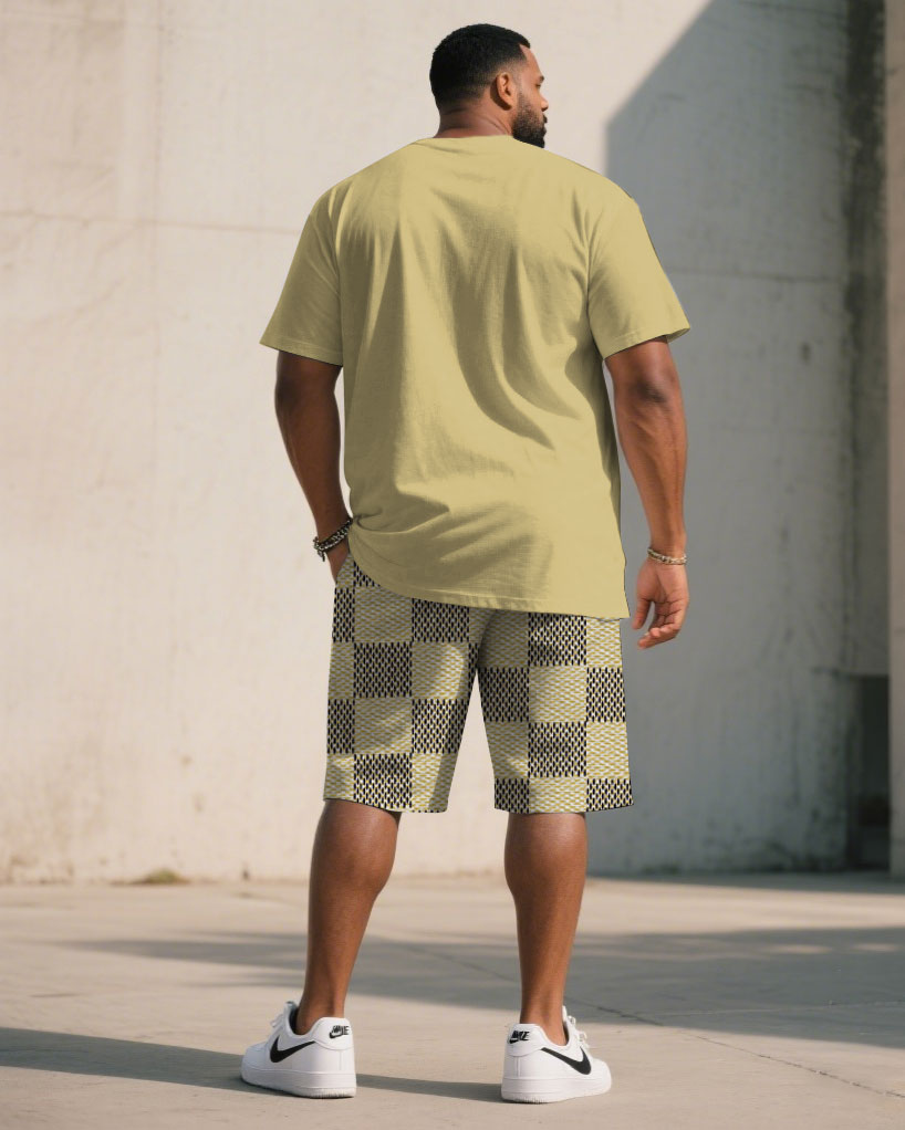 Big & Tall Khaki Patchwork T-Shirt Shorts Set for big men view 4