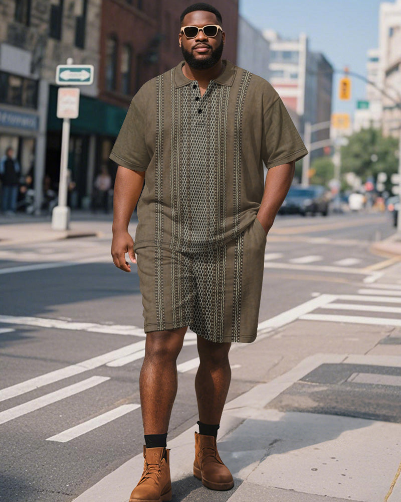 Big & Tall Brown Striped Graphic Polo Shorts Set for big men view 1
