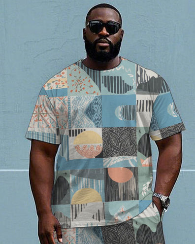 Big & Tall Hawaiian Colorblock T-Shirt Shorts Set for big men view 2