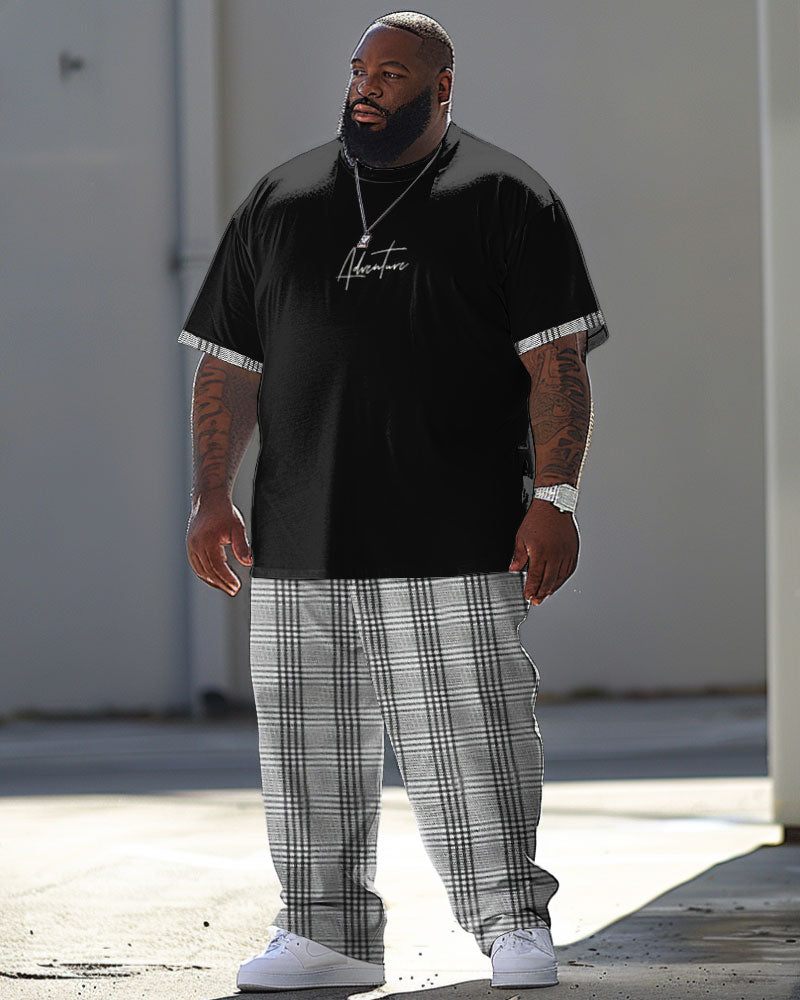 Big & Tall Plaid Patchwork T-Shirt Pants Set for big men view 1