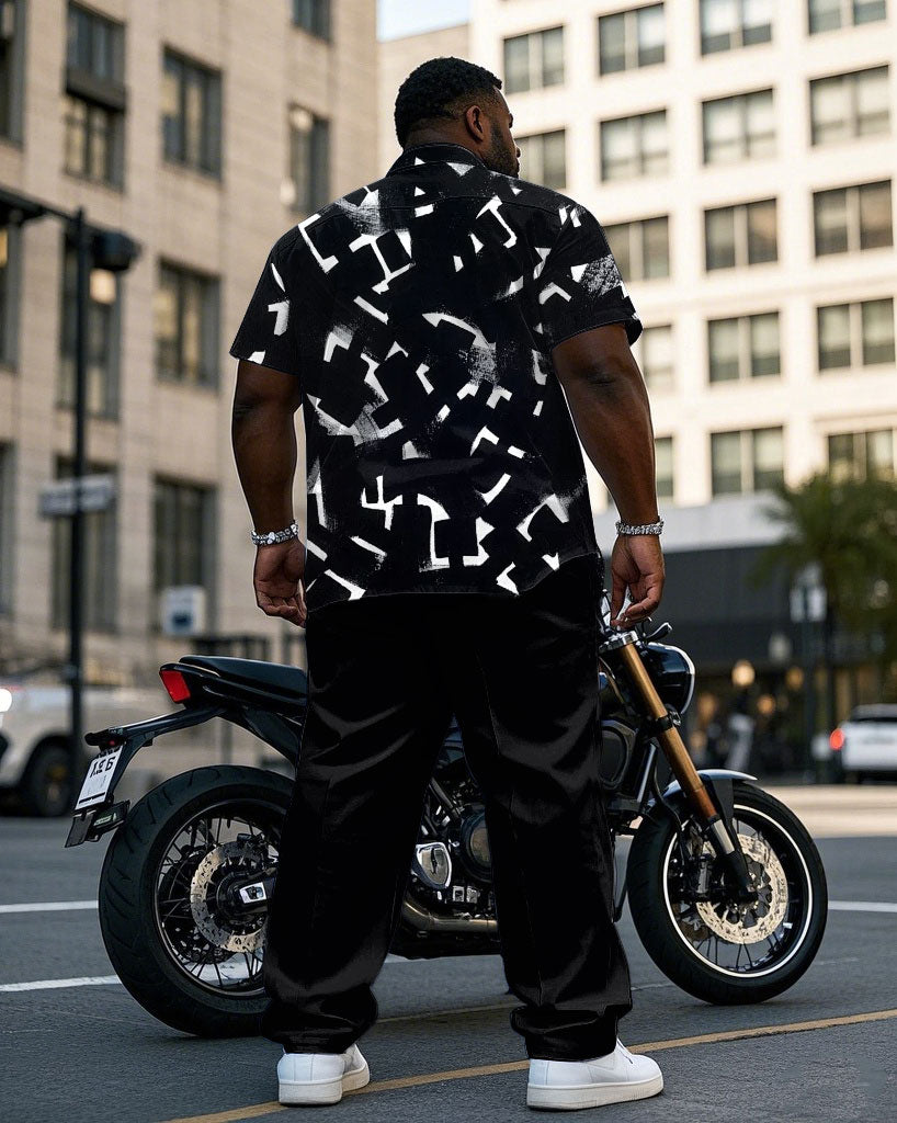 Big & Tall Black Geometric Graphic T-Shirt Pants Set for big men view 4