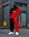 Big & Tall Black Red Colorblock T-Shirt Pants Set for big men view 1