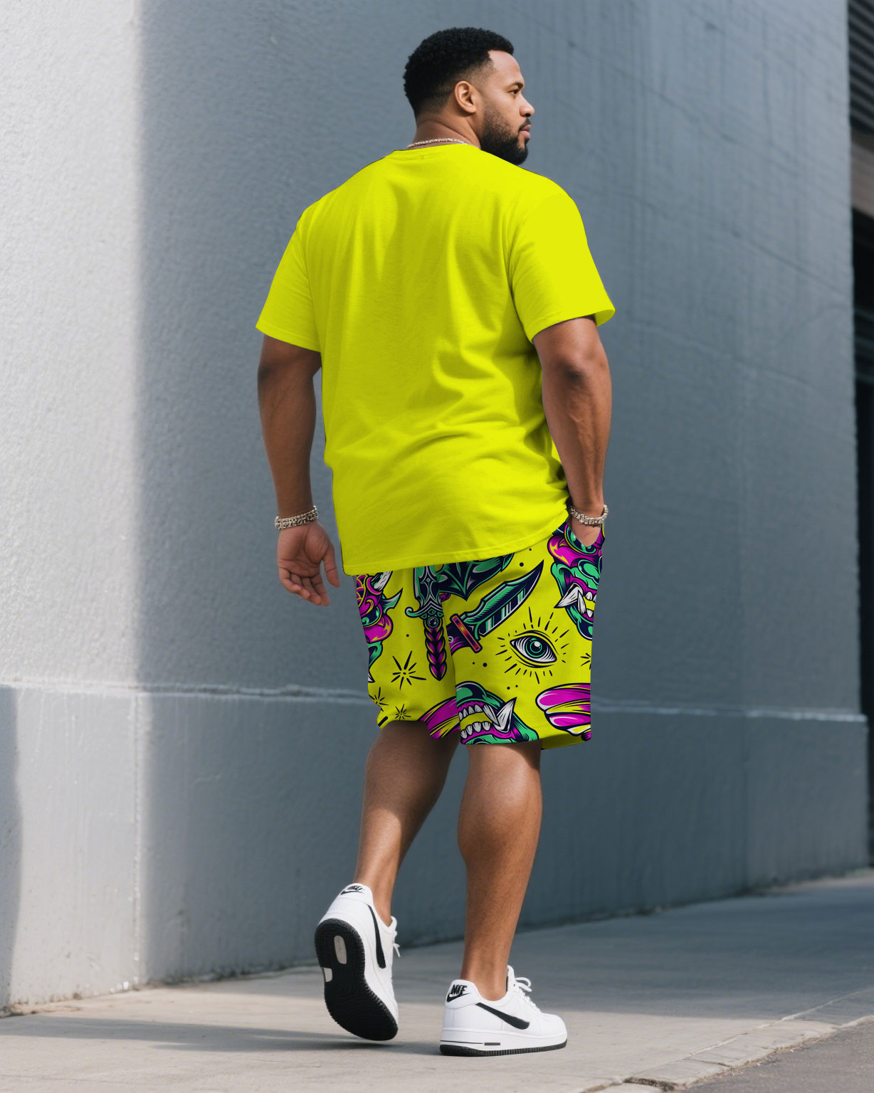 Big & Tall Yellow Solid Color T-Shirt Pants Set for big men view 4