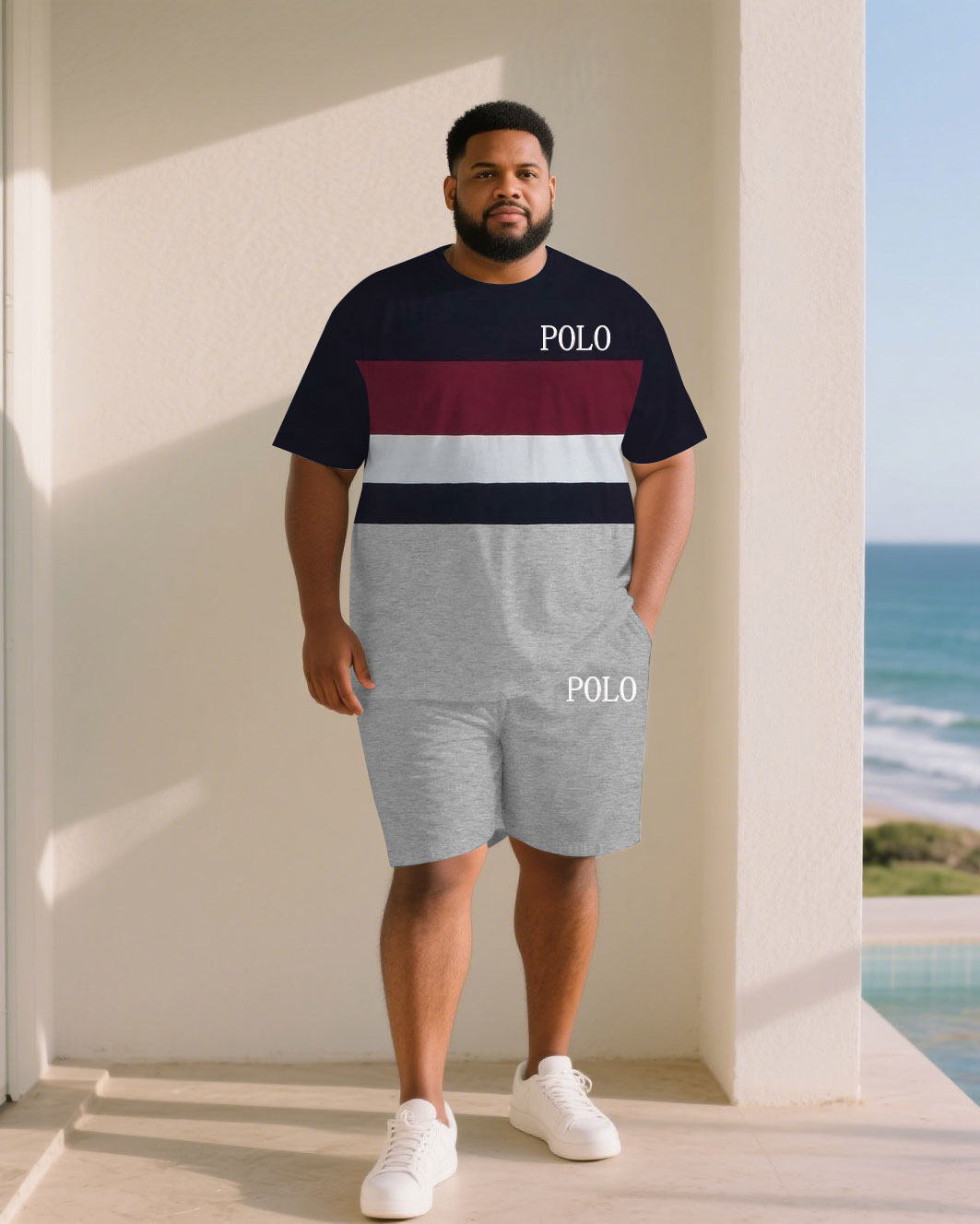 Big & Tall White Red Streetwear T-Shirt Shorts Set for big men view 1