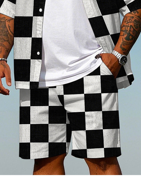 Big & Tall Black White Plaid T-Shirt Shorts Set for big men view 3