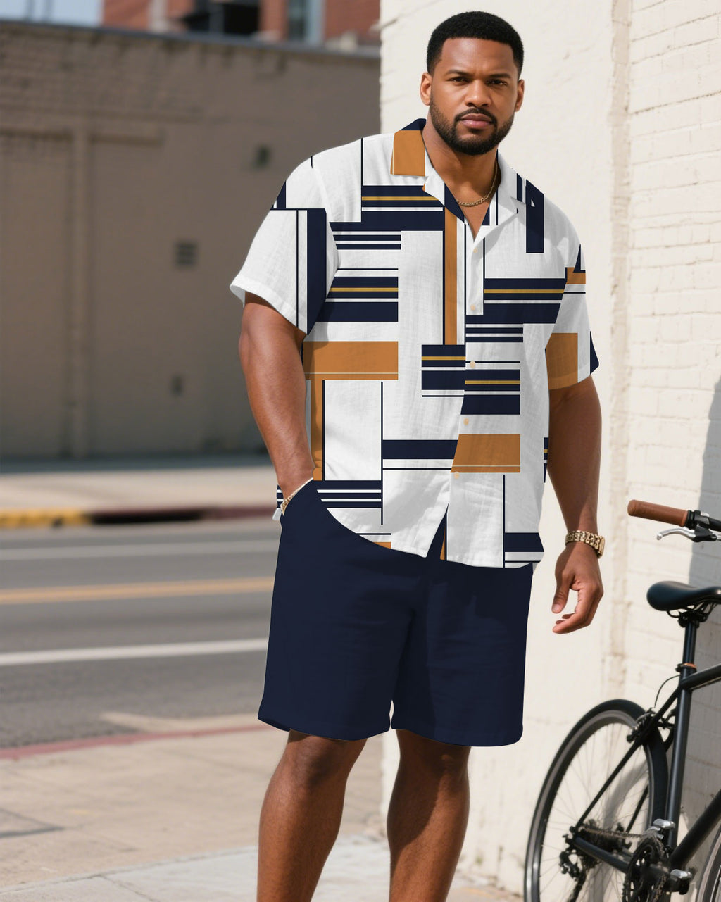 Big & Tall White Blue Geometric T-Shirt Shorts Set for big men view 1