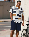 Big & Tall White Blue Geometric T-Shirt Shorts Set for big men view 1