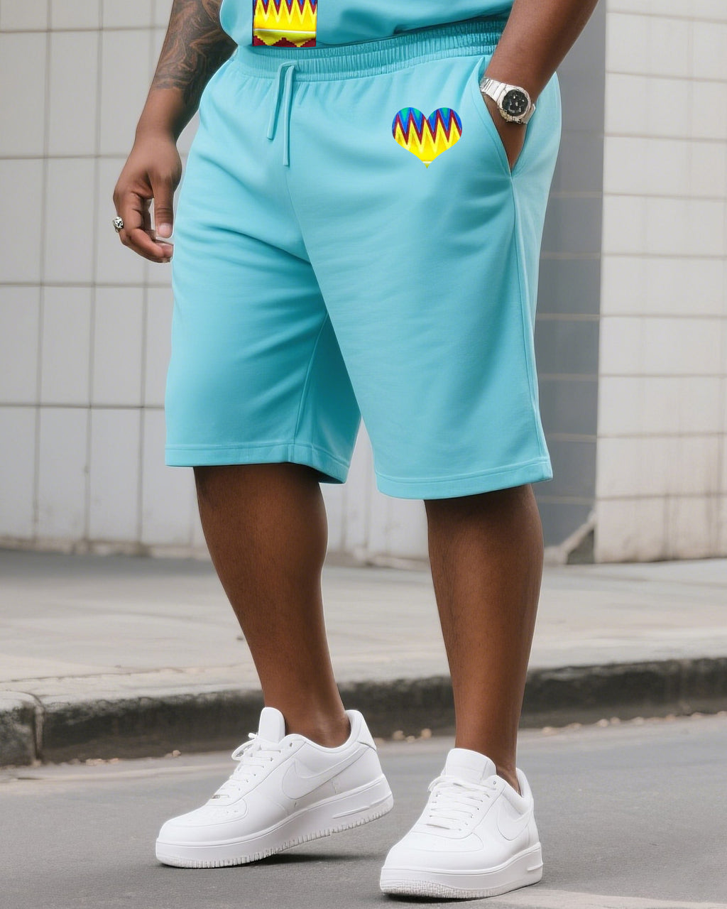 Big & Tall Blue Striped Graphic T-Shirt Shorts Set for big men view 3