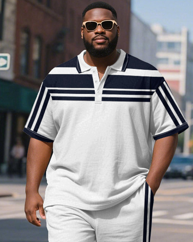 Big & Tall Blue Striped Graphic Polo Shorts Set for big men view 3