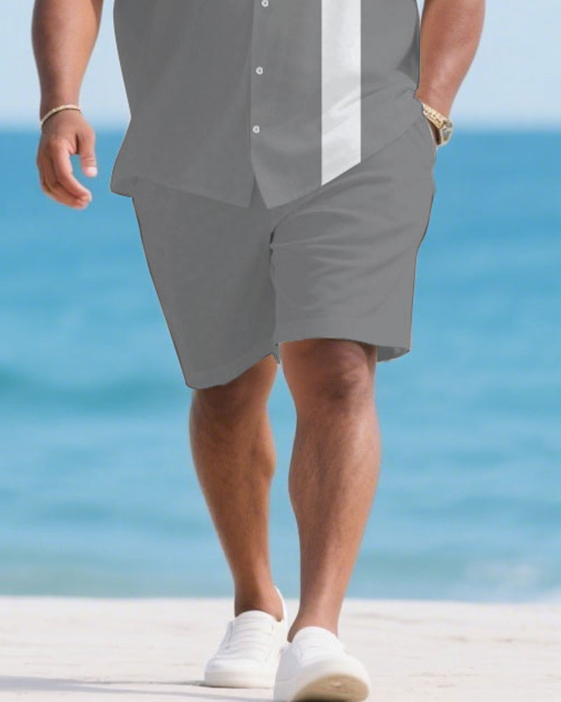 Big & Tall White Gray Hawaiian T-Shirt Shorts Set for big men view 3