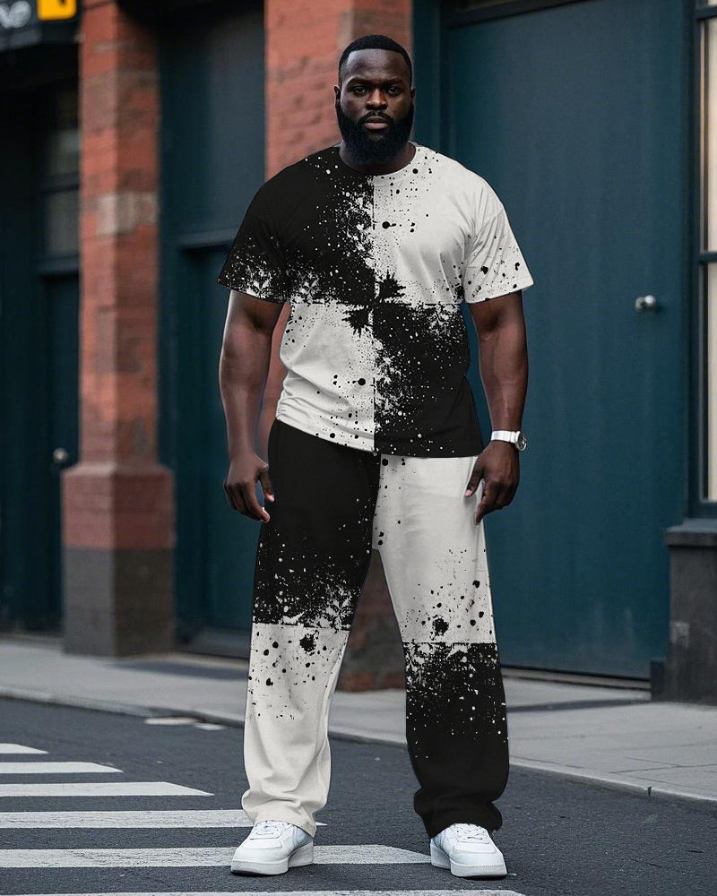 Big & Tall Black White Colorblock T-Shirt Pants Set for big men view 1
