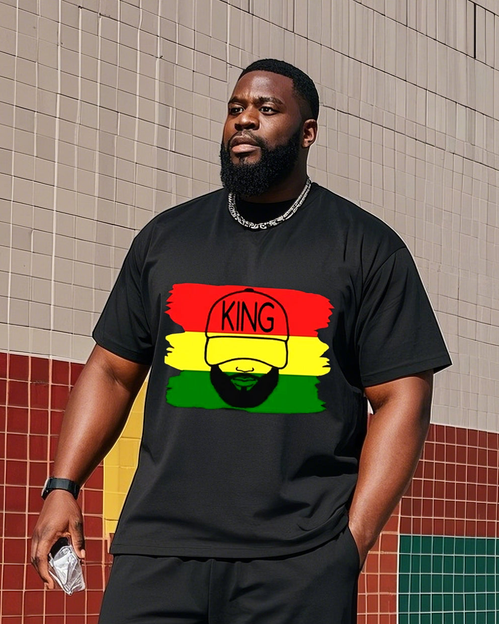Big & Tall Black Graphic T-Shirt Shorts Set for big men view 2
