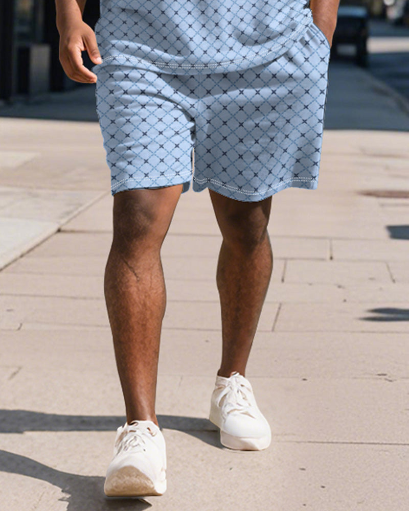 Big & Tall Blue Graphic Patchwork Polo Shorts Set for big men view 3