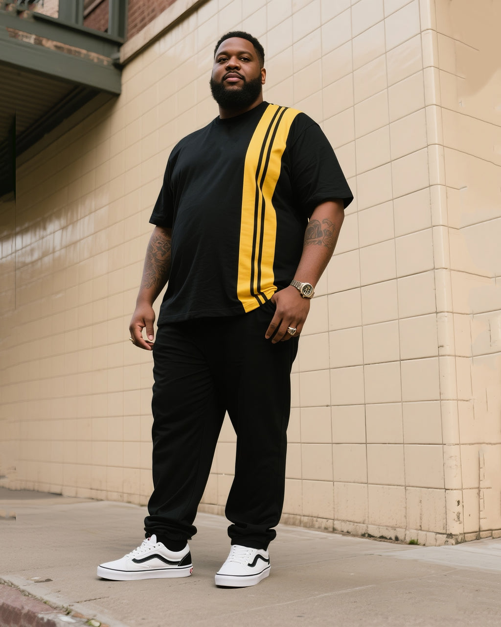 Big & Tall Black Striped T-Shirt Pants Set for big men view 1