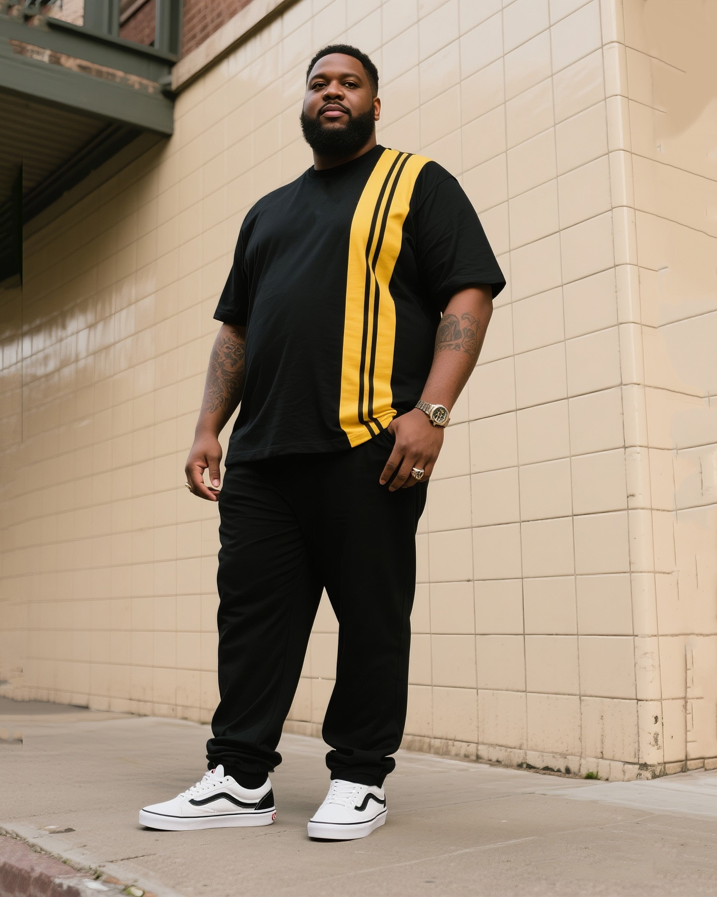 Big & Tall Black Striped T-Shirt Pants Set for big men view 1