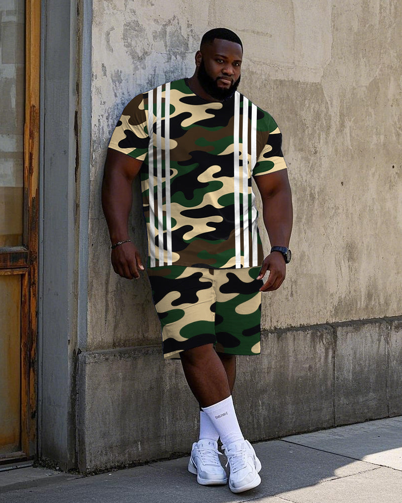 Big & Tall White Striped T-Shirt Shorts Set for big men view 1