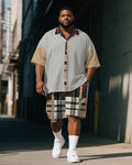 Big & Tall Black Khaki Plaid T-Shirt Shorts Set for big men view 1