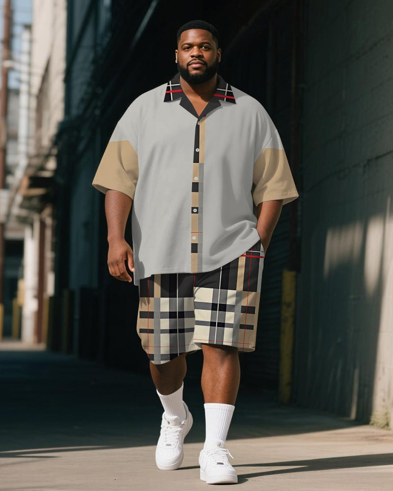 Big & Tall Black Khaki Plaid T-Shirt Shorts Set for big men view 1