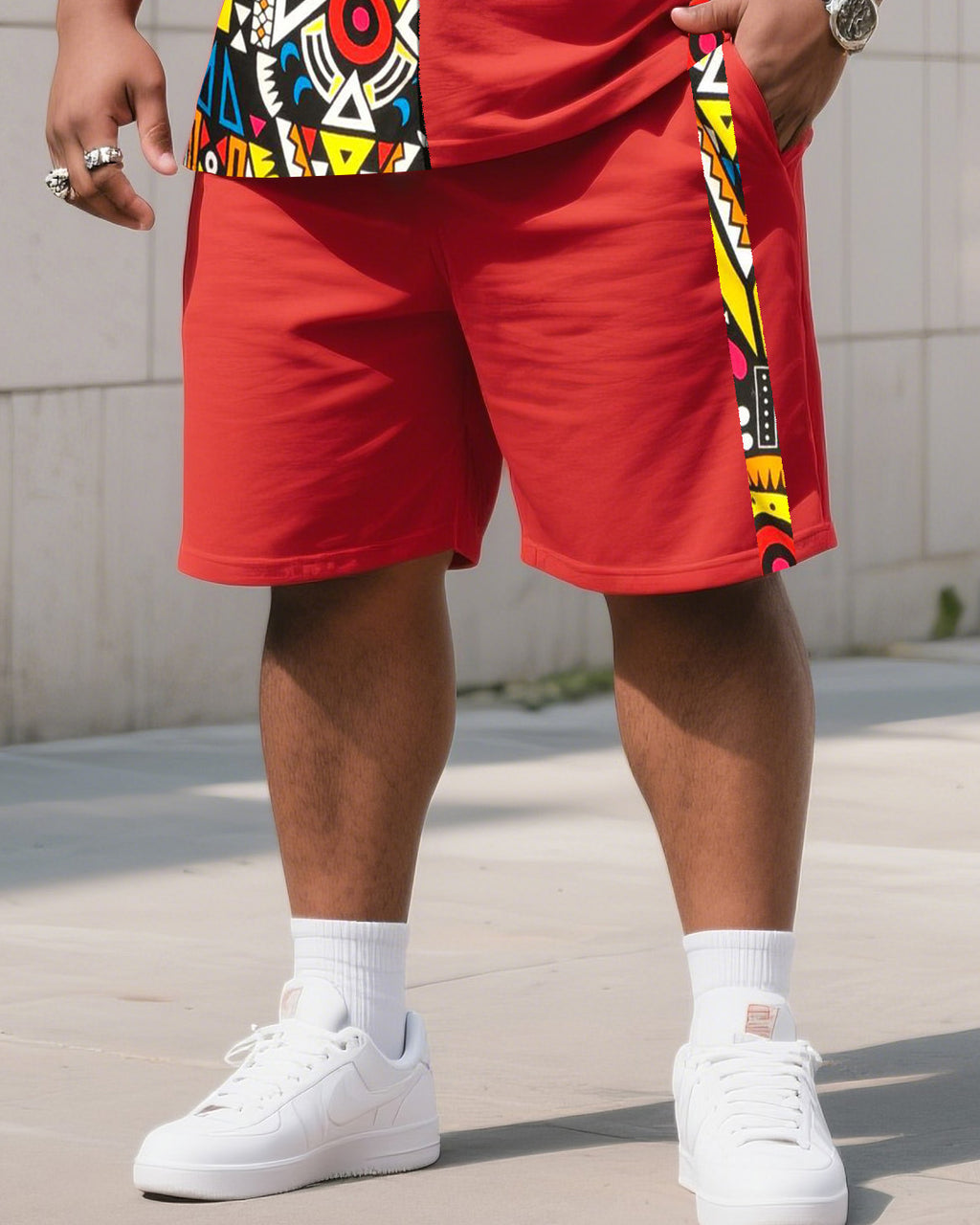 Big & Tall Red Striped Graphic T-Shirt Shorts Set for big men view 3