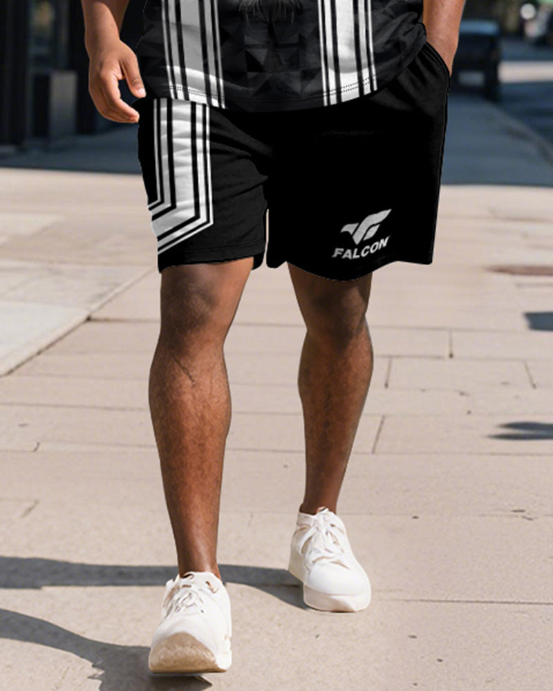 Big & Tall Black Striped Graphic Polo Shorts Set for big men view 4