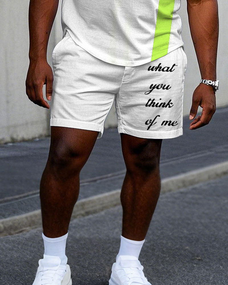 Big & Tall White Green Colorblock T-Shirt Shorts Set for big men view 3