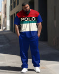 Big & Tall White Blue Colorblock T-Shirt Pants Set for men view 1