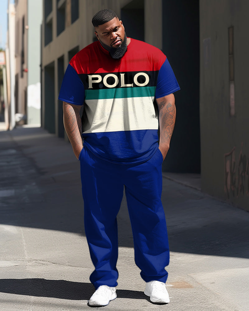 Big & Tall White Blue Colorblock T-Shirt Pants Set for men view 1