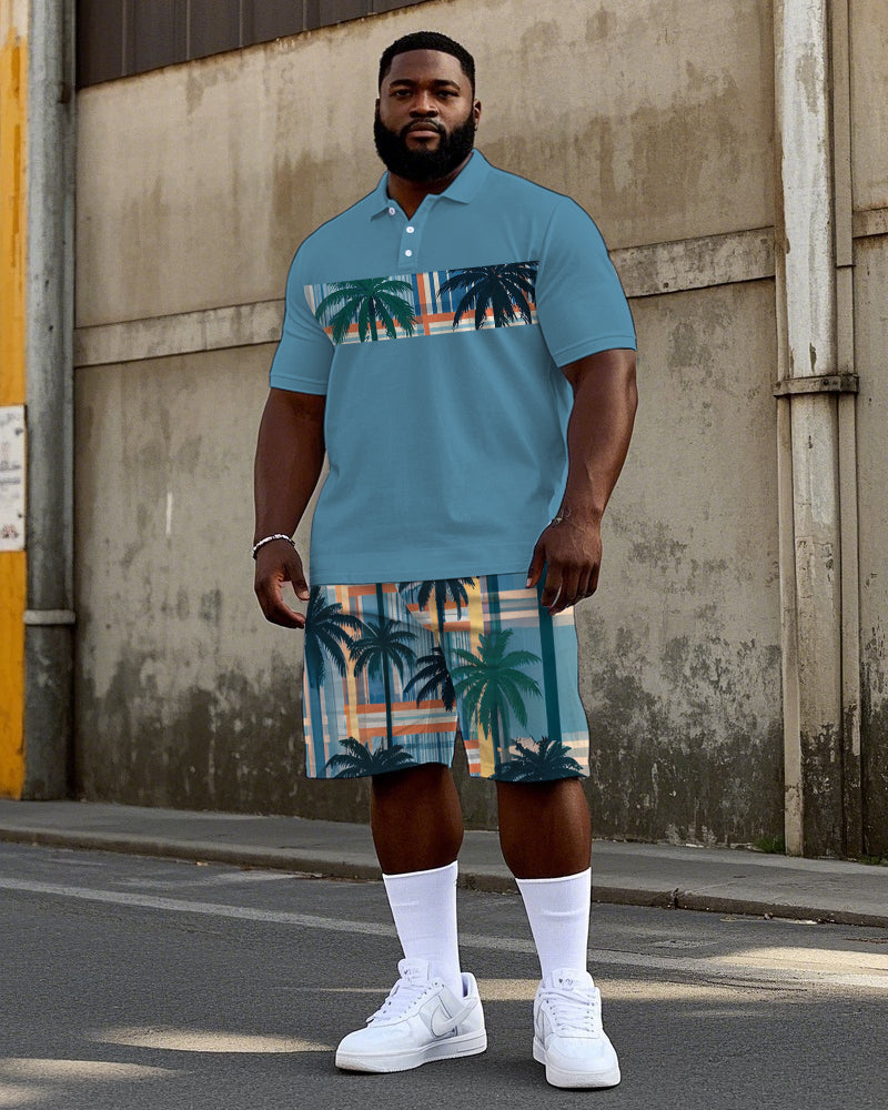 Big & Tall Hawaiian Geometric Polo Shorts Set for big men view 1