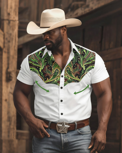 Big & Tall White Green Western Short Sleeve Shirt for big men