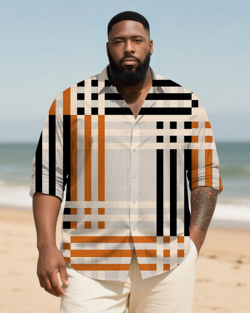 Big & Tall Orange Plaid Patchwork Long Sleeve Shirt for big men view 1
