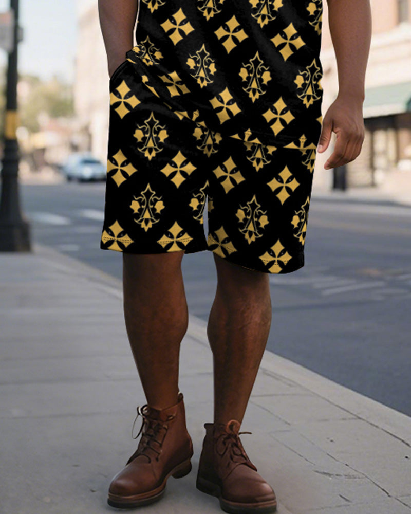 Big & Tall Black Yellow Colorblock Polo Shorts Set for big men view 4