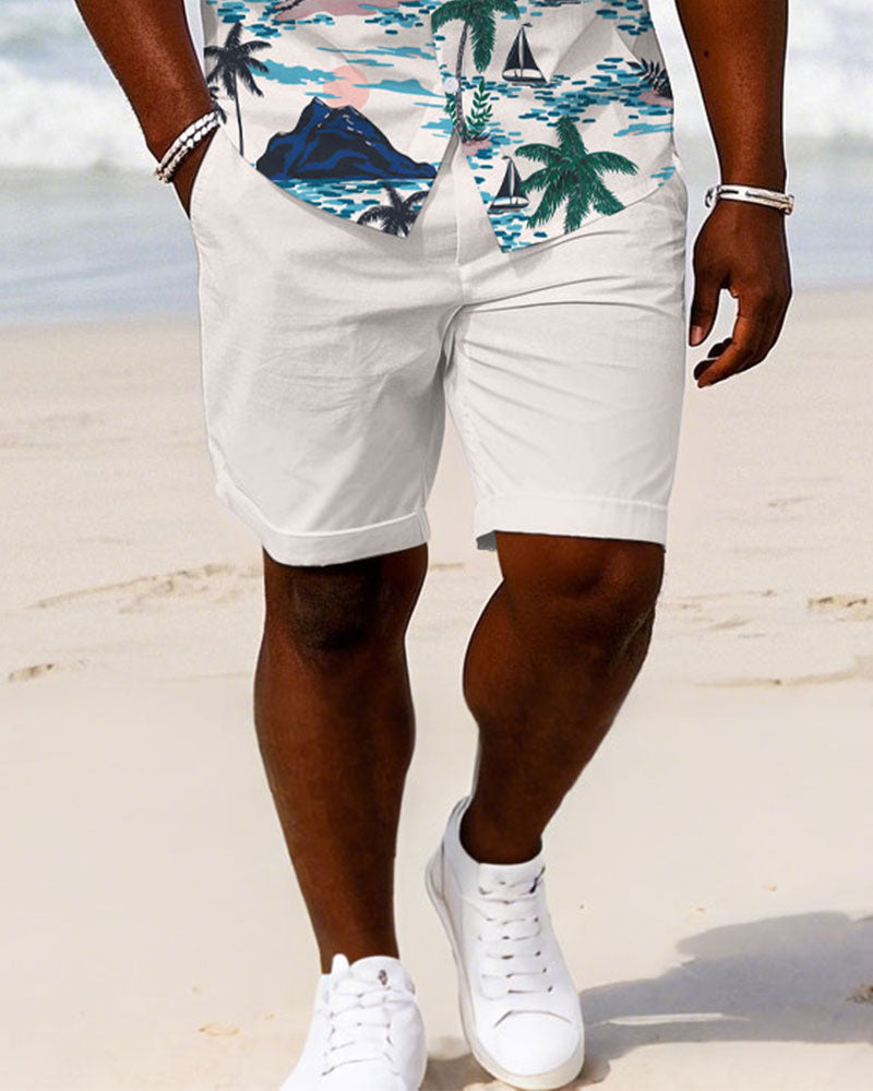 Big & Tall White Hawaiian Graphic T-Shirt Shorts Set for big men view 3
