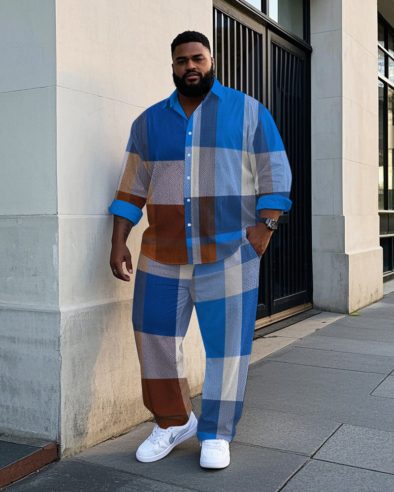 Big & Tall Blue Geometric Plaid T-Shirt Pants Set for big men view 1