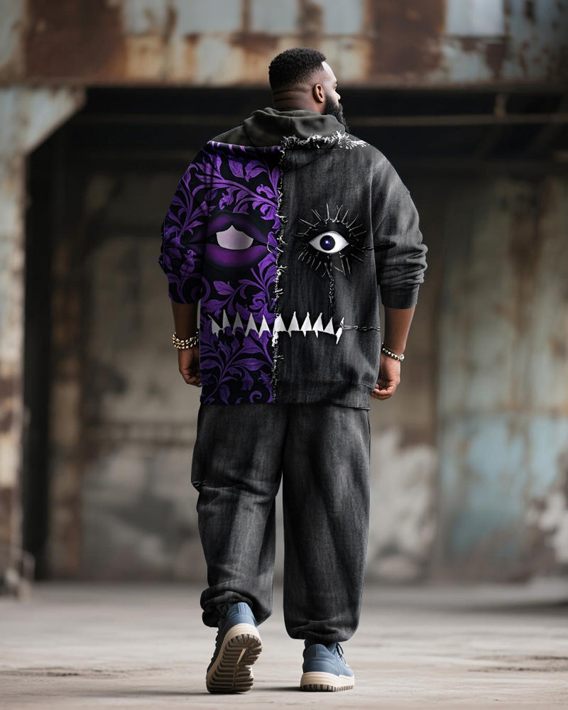 Big & Tall Black Purple Graphic Hoodie Sweatpants Set for big men view 4