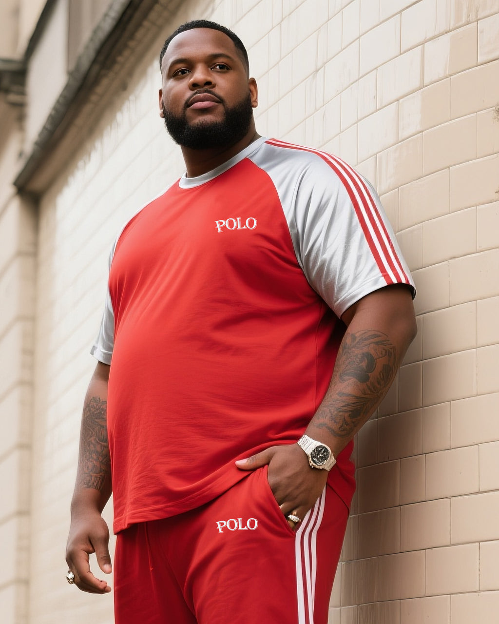 Big & Tall White Red Striped T-Shirt Pants Set for big men view 2