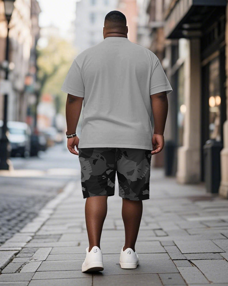 Big & Tall Gray Graphic Skull T-Shirt Shorts Set for big men view 4
