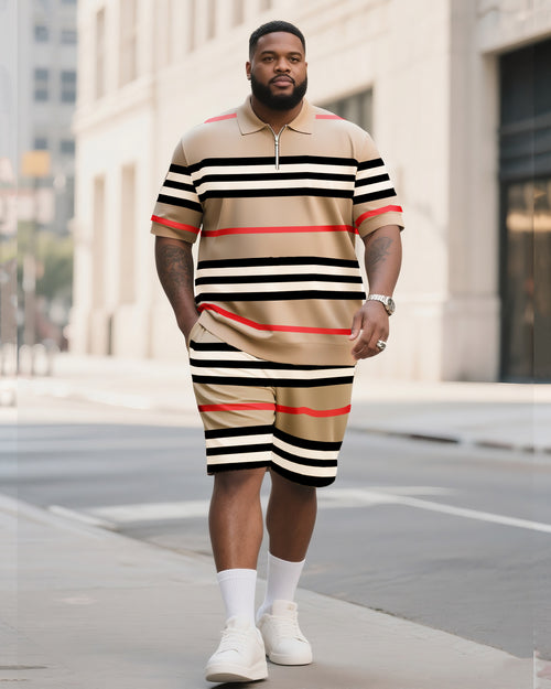 Big & Tall Khaki Striped Polo Shorts Set for big men view 1