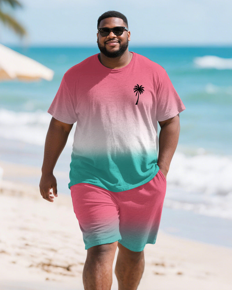 Big & Tall Pink Hawaiian Gradient T-Shirt Shorts Set for big men view 2