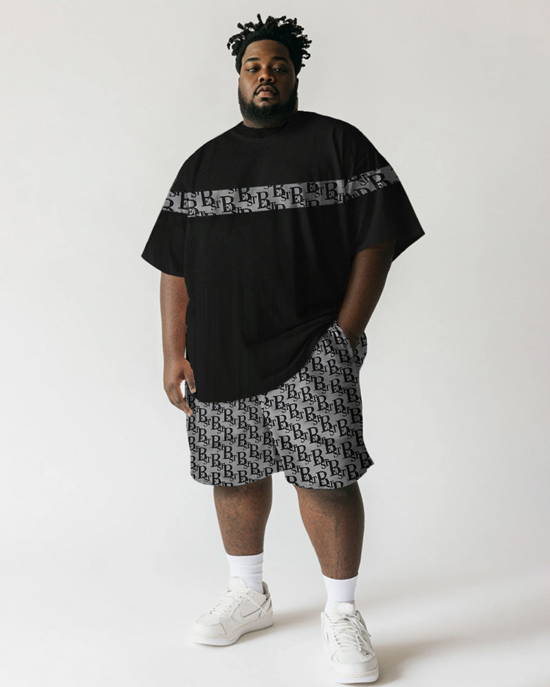 Big & Tall Black Striped Graphic T-Shirt Shorts Set for big men view 1