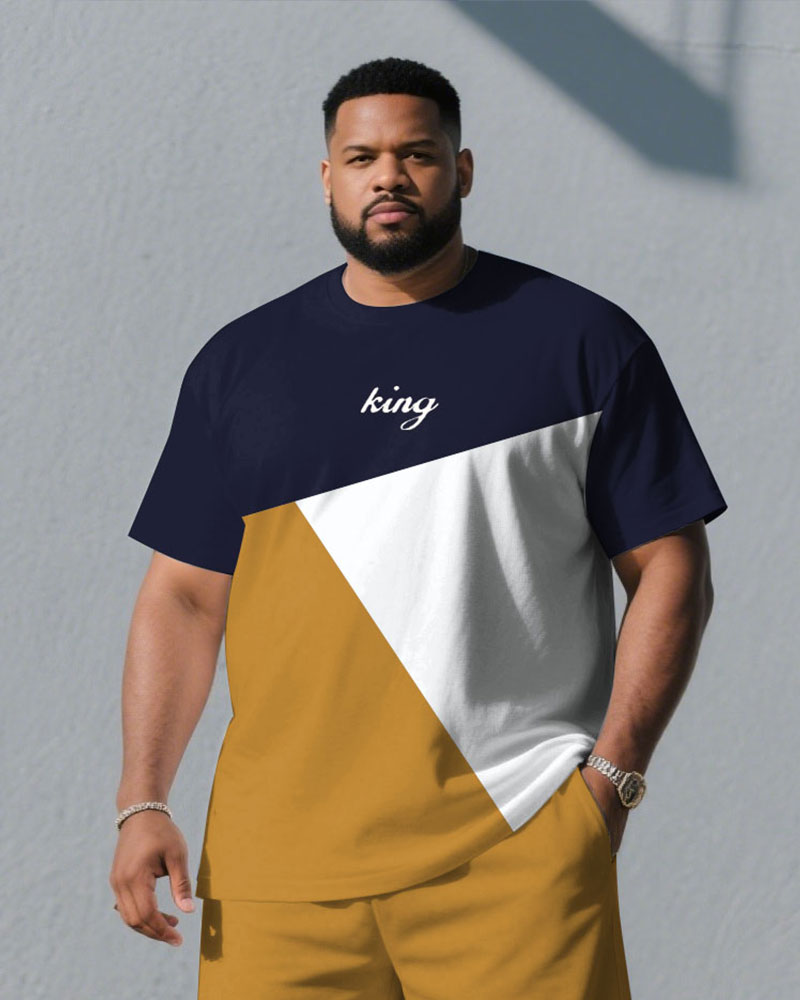 Big & Tall White Blue Colorblock T-Shirt Shorts Set for big men view 2
