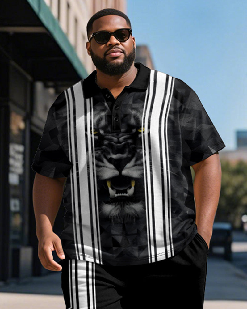 Big & Tall Black Striped Graphic Polo Shorts Set for big men view 3
