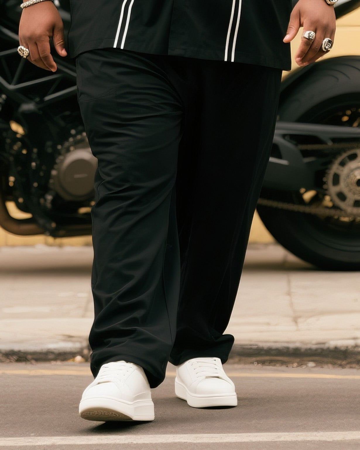 Big & Tall Black Striped T-Shirt Pants Set for big men view 3