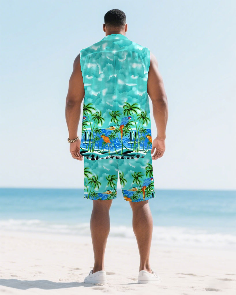 Big & Tall Green Hawaiian Graphic T-Shirt Shorts Set for big men view 4