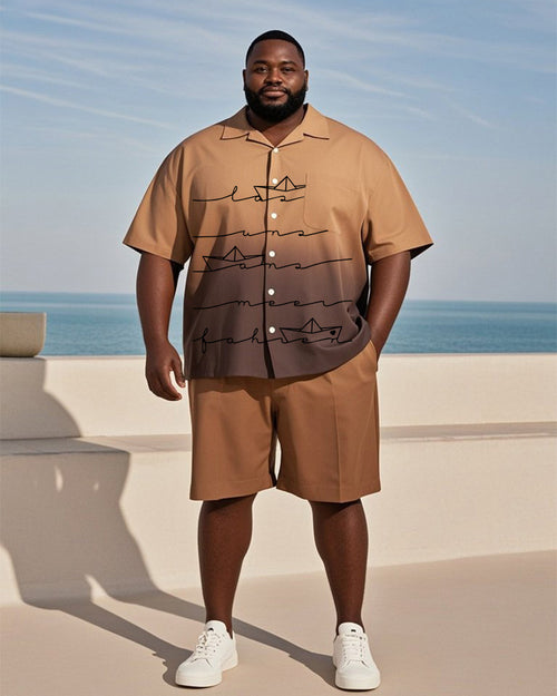Big & Tall Brown Hawaiian Gradient T-Shirt Shorts Set for big men view 1