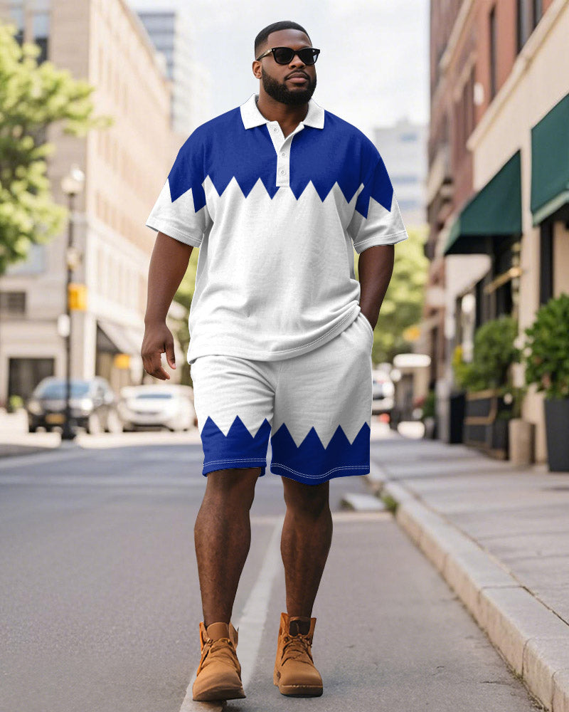 Big & Tall Blue Colorblock Geometric Polo Shorts Set for big men view 1