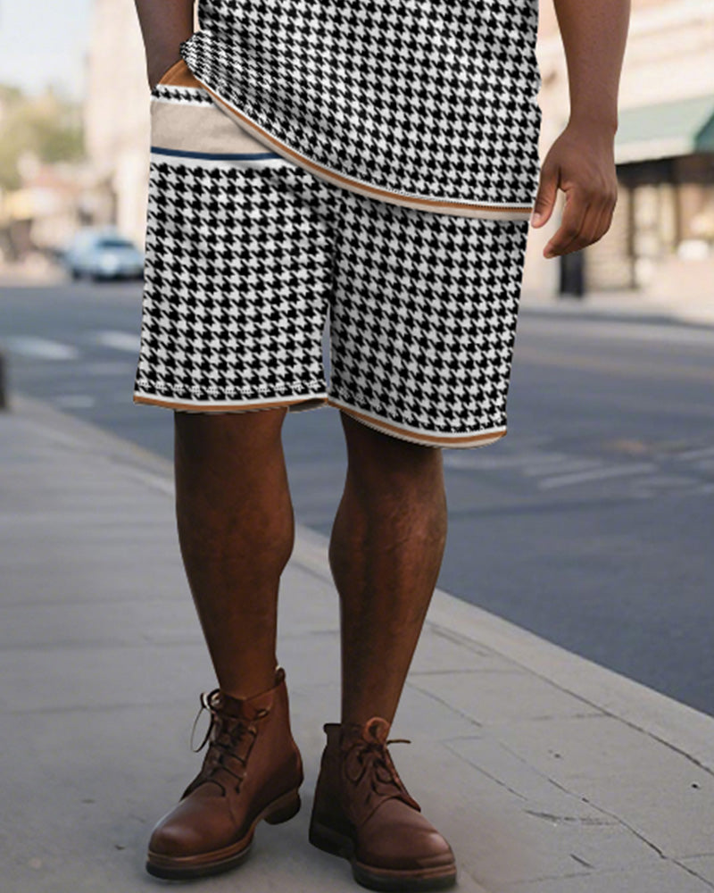 Big & Tall Blue Graphic Patchwork Polo Shorts Set for big men view 3