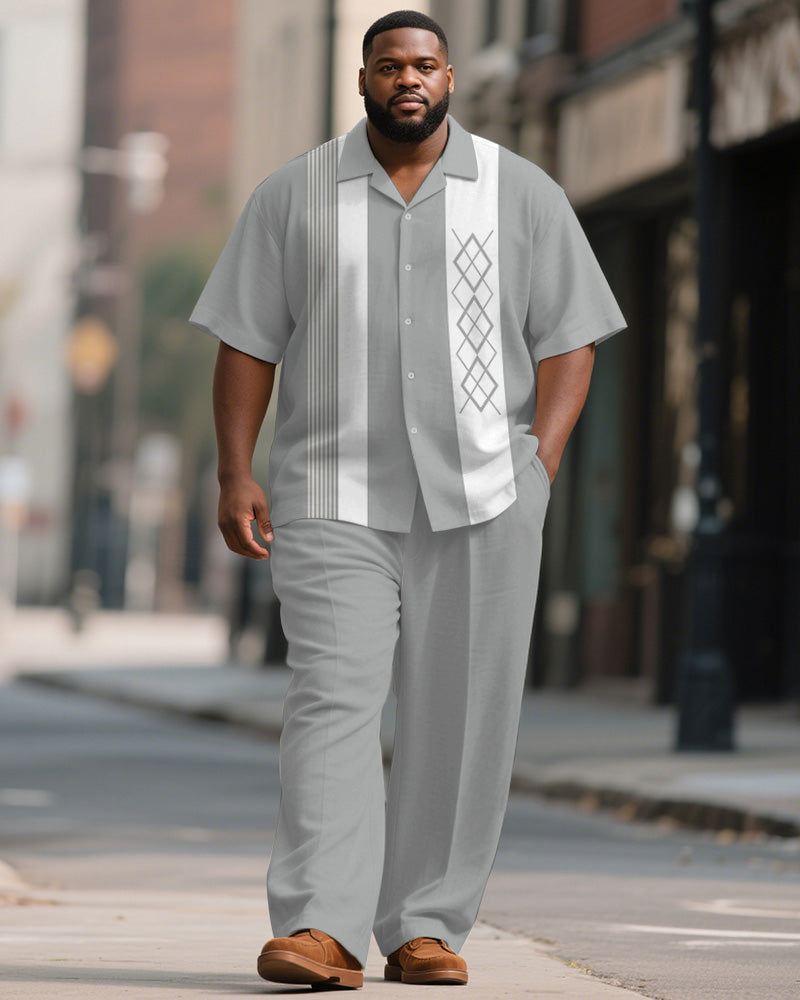 Big & Tall Gray Geometric Striped T-Shirt Pants Set for big men view 1