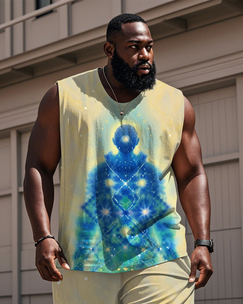 Big & Tall Yellow Geometric Graphic Vest Pants Set for big men view 2