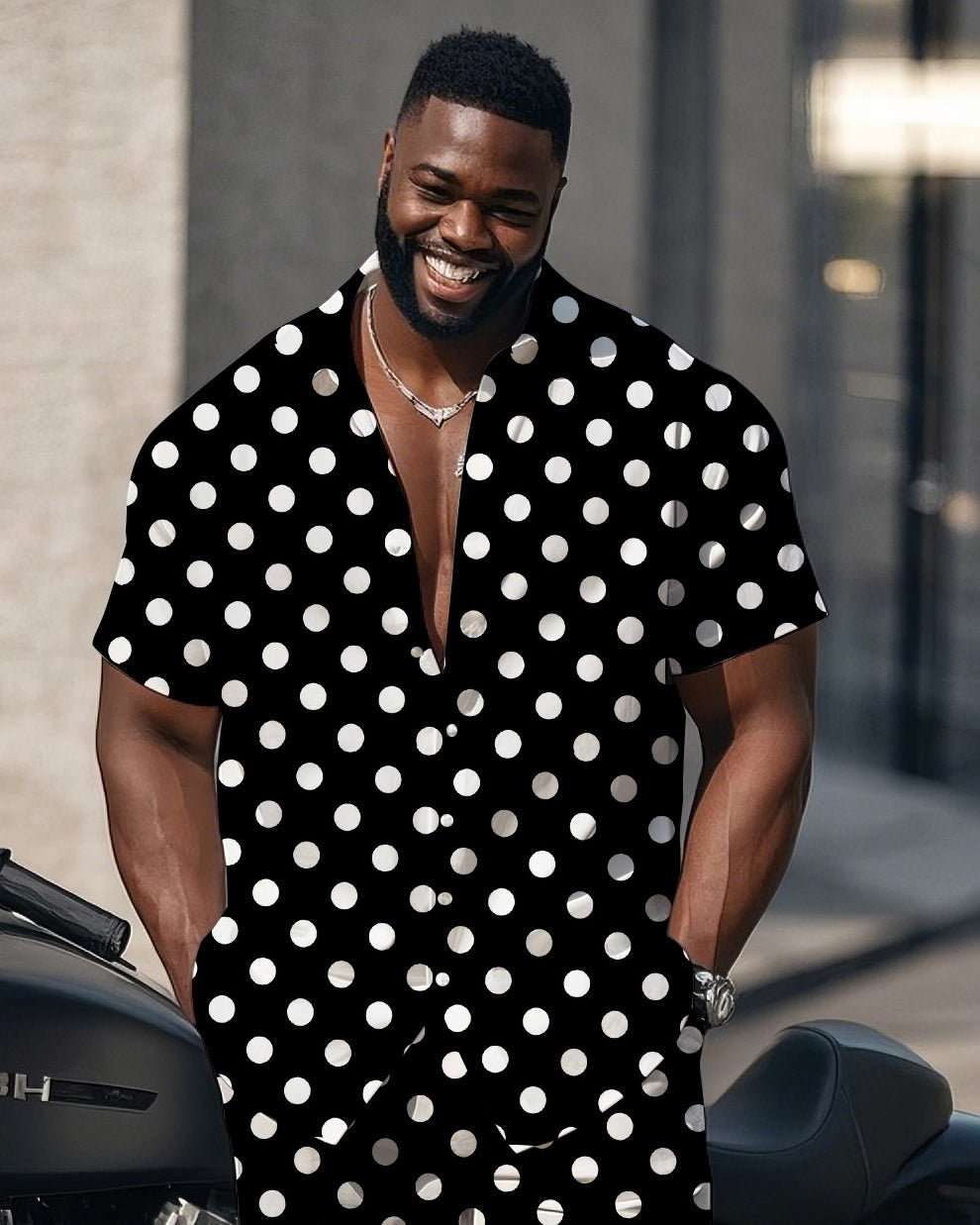 Big & Tall Black White Streetwear T-Shirt Shorts Set for big men view 2