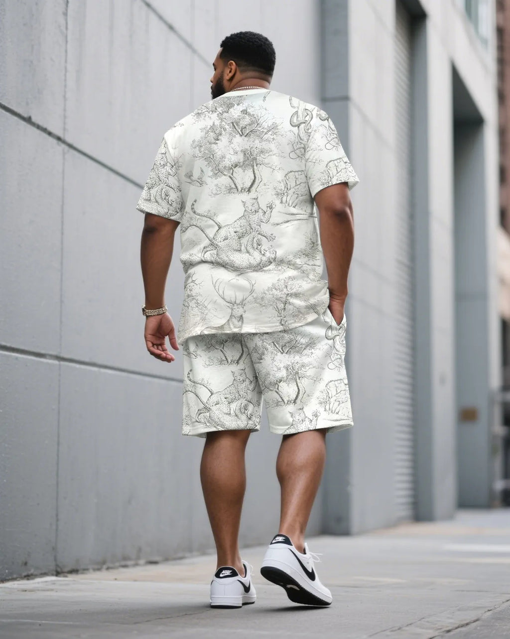 Big & Tall White Streetwear T-Shirt Shorts Set for big men view 4